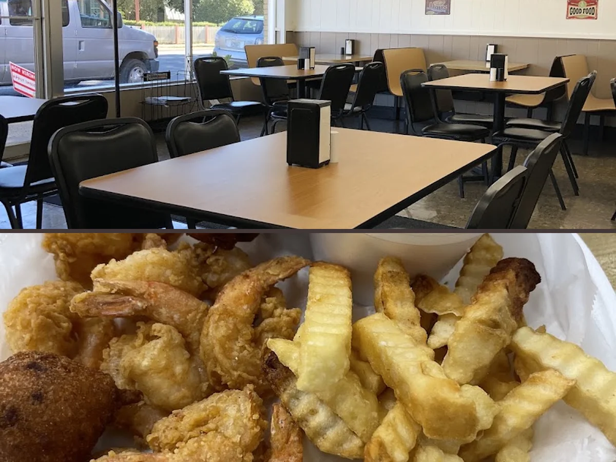 Fried shrimp with sides on white plates.