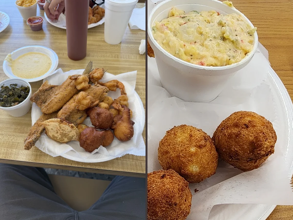 Fried shrimp with sides on white plates.